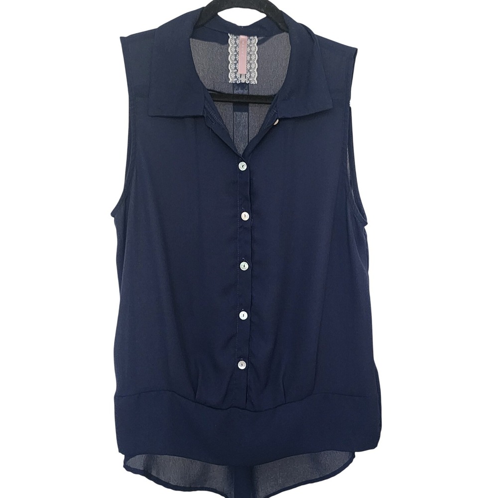 Mauve Navy Blue Sleeveless Button Down Soft Chiffon Blouse Hi-Low Hem L Capsule